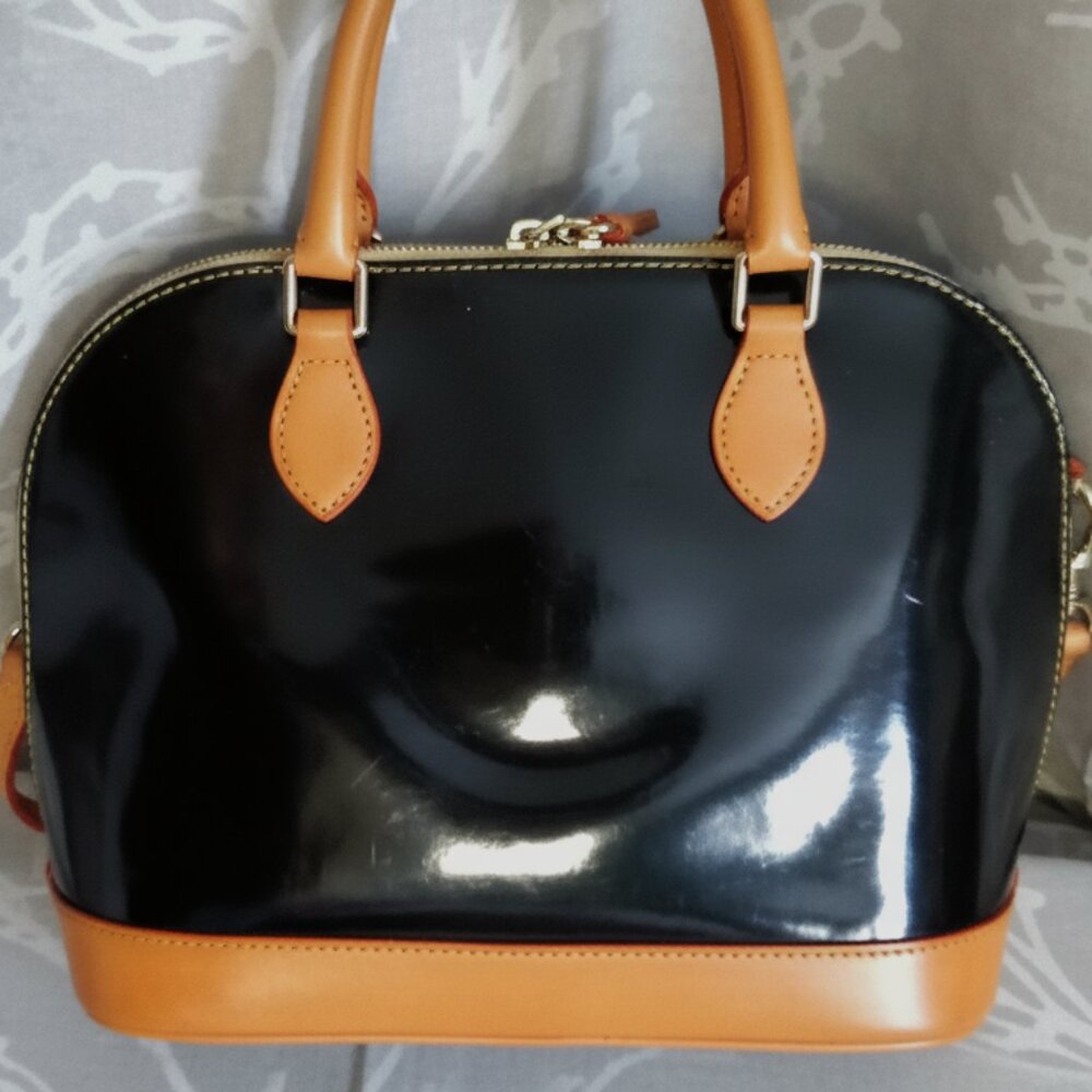 Dooney & Bourke Black and Tan Patent Leather Satchel - Picture 3 of 15